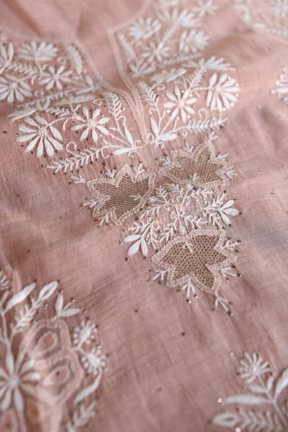 Peach Fine Chikankari With Kamdani Work Unstitched Fabric