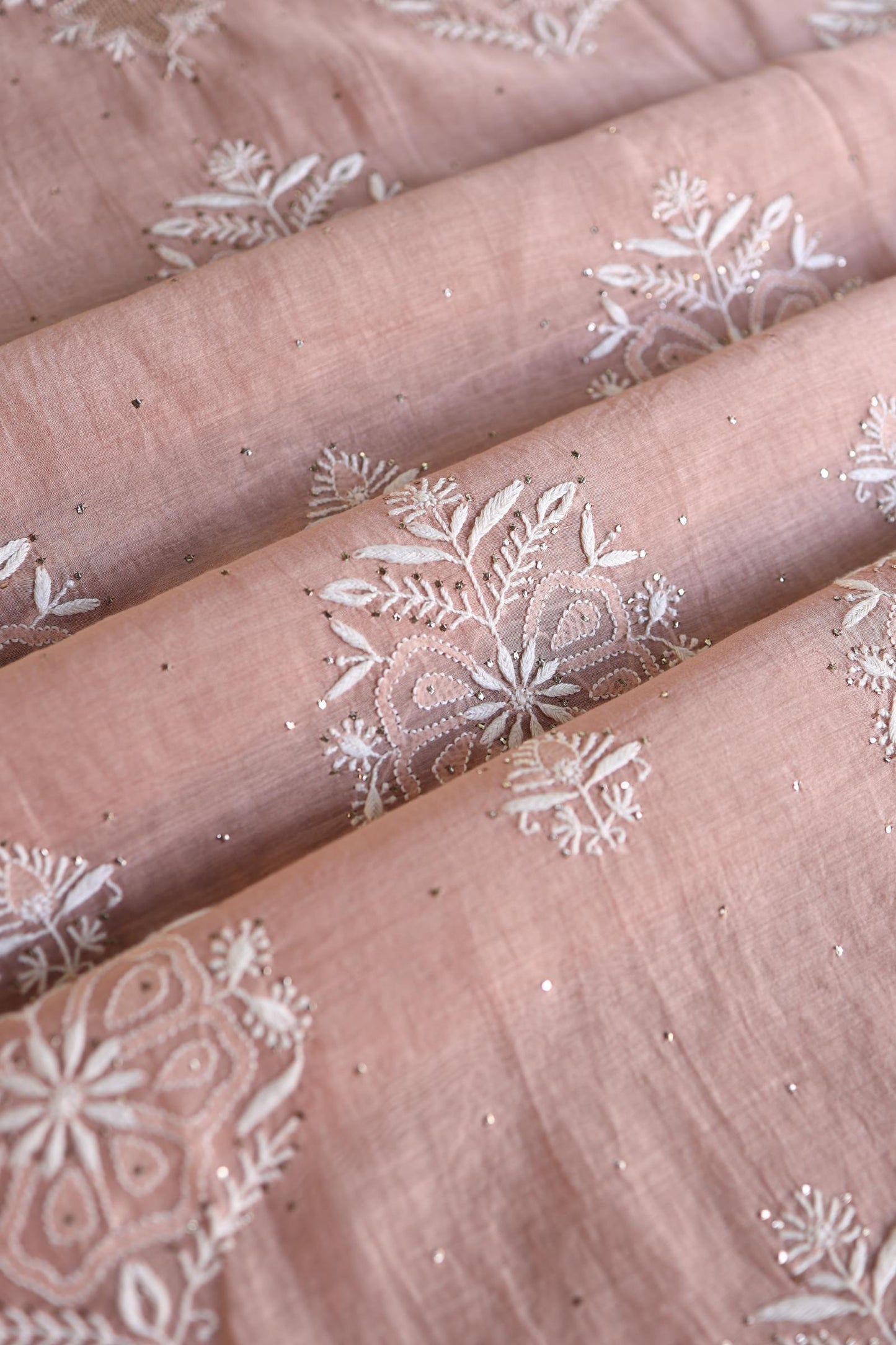 Peach Fine Chikankari With Kamdani Work Unstitched Fabric