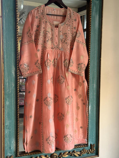 Peach Zari Chanderi Chikankari Ready to Wear Tunics