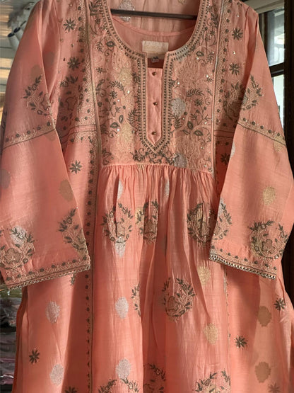 Peach Zari Chanderi Chikankari Ready to Wear Tunics