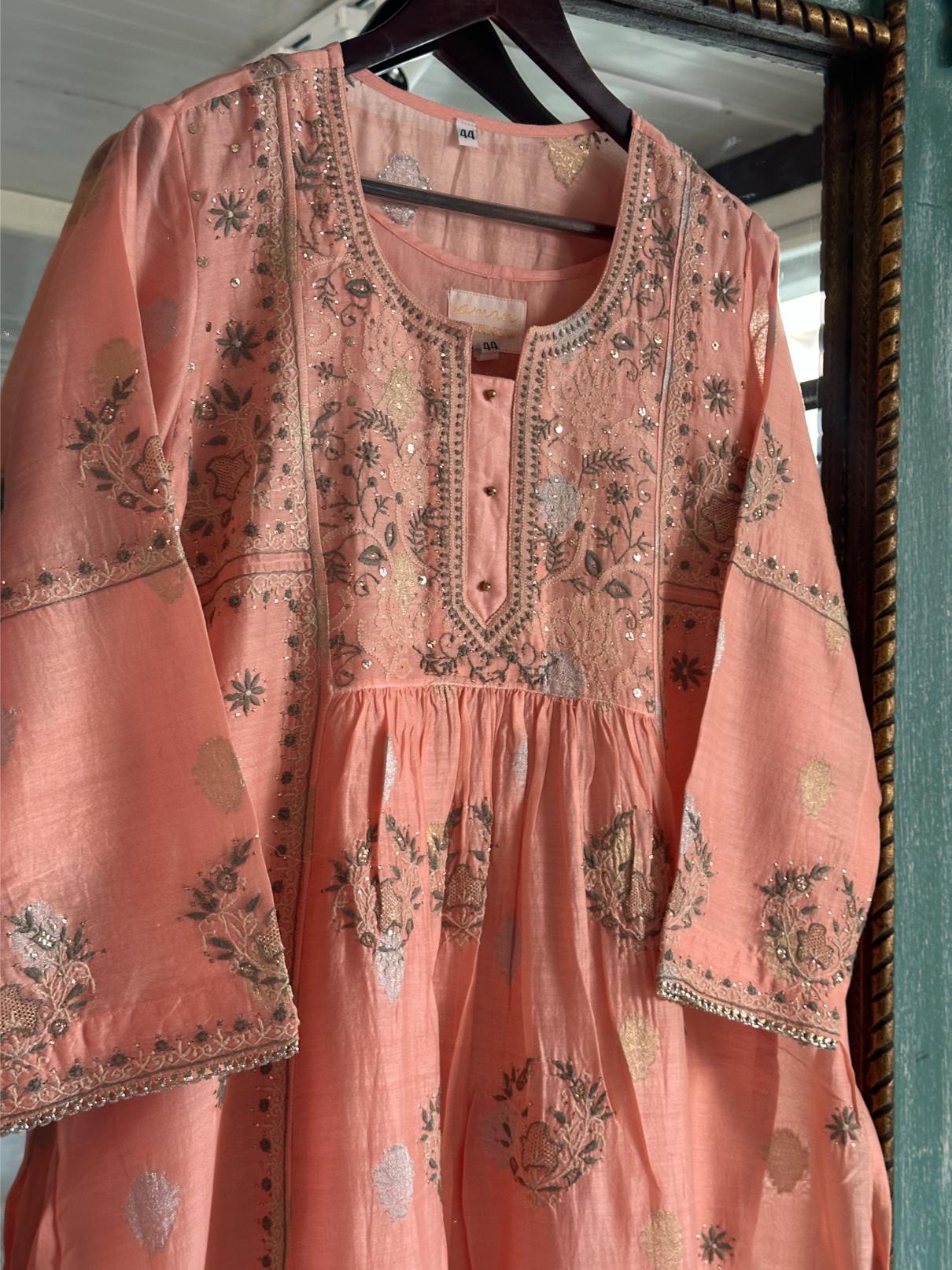 Peach Zari Chanderi Chikankari Ready to Wear Tunics