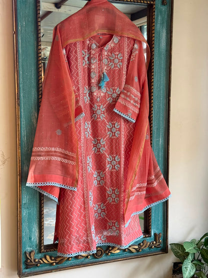 Peach & Blue Shade Malmal Pearl White Chikankari Ready to Wear Kurta Set