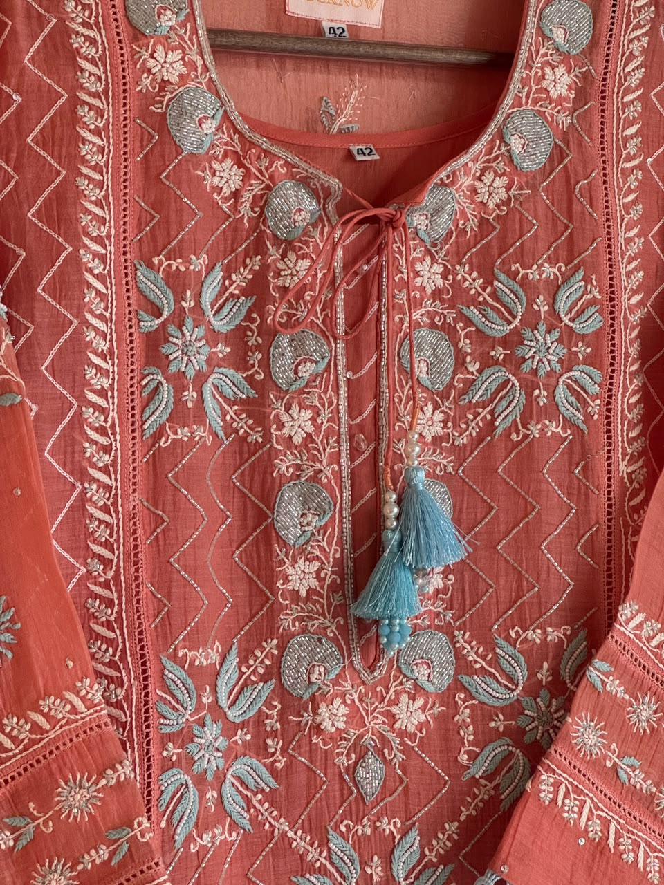 Peach & Blue Shade Malmal Pearl White Chikankari Ready to Wear Kurta Set