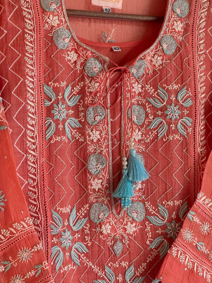 Peach & Blue Shade Malmal Pearl White Chikankari Ready to Wear Kurta Set
