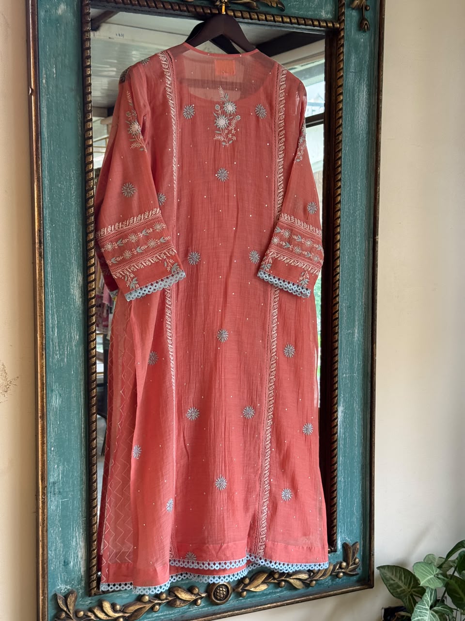 Peach & Blue Shade Malmal Pearl White Chikankari Ready to Wear Kurta Set