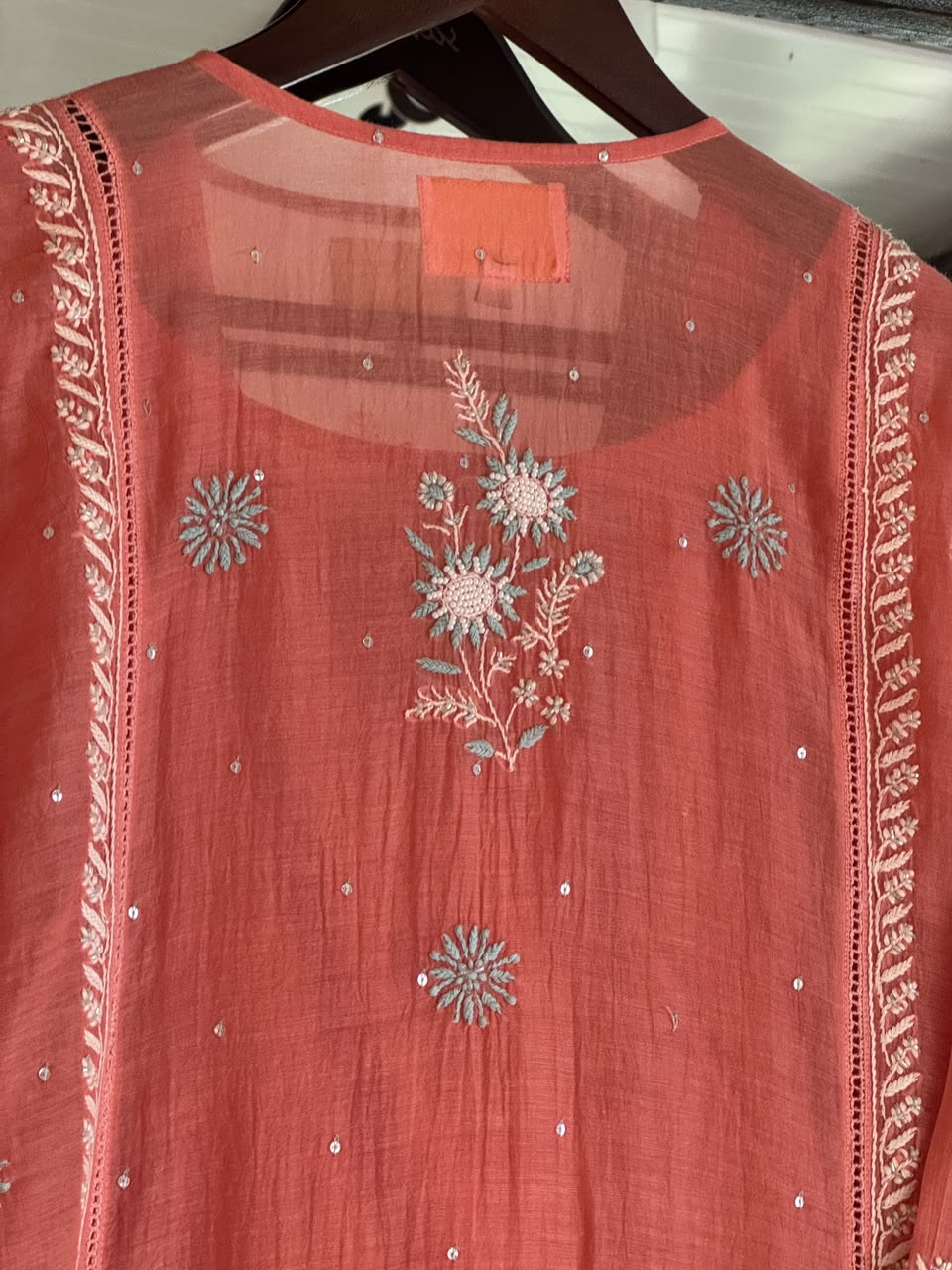 Peach & Blue Shade Malmal Pearl White Chikankari Ready to Wear Kurta Set