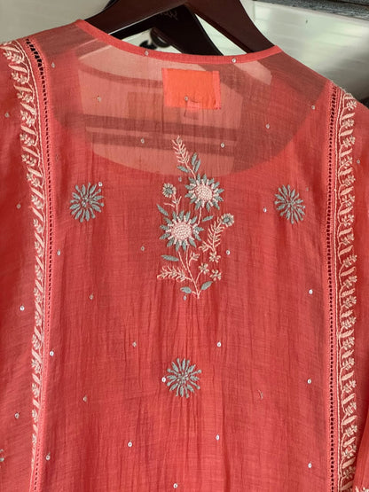 Peach & Blue Shade Malmal Pearl White Chikankari Ready to Wear Kurta Set