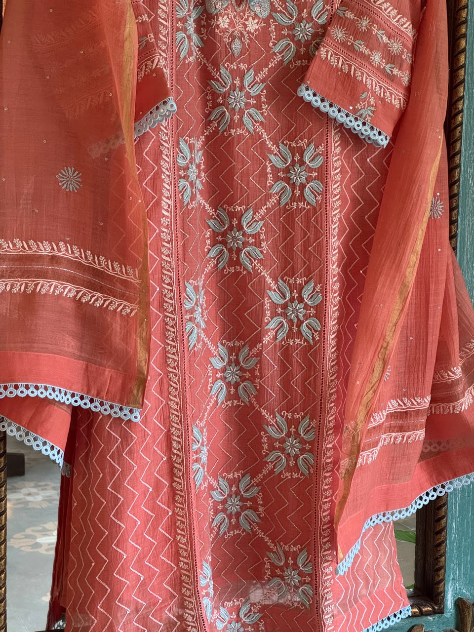 Peach & Blue Shade Malmal Pearl White Chikankari Ready to Wear Kurta Set