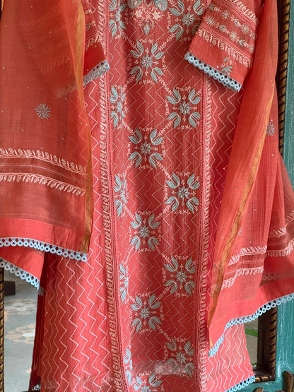 Peach & Blue Shade Malmal Pearl White Chikankari Ready to Wear Kurta Set
