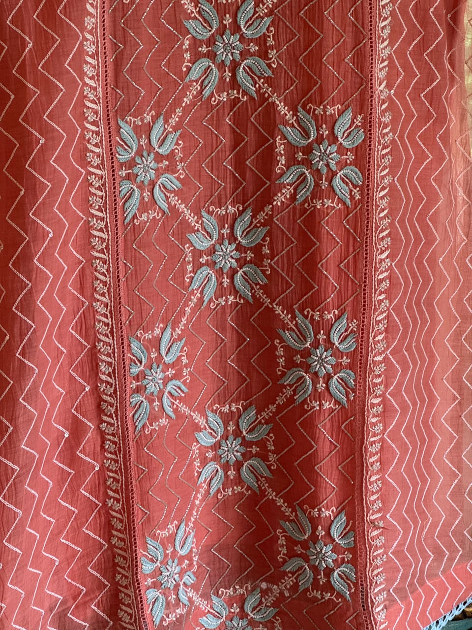 Peach & Blue Shade Malmal Pearl White Chikankari Ready to Wear Kurta Set