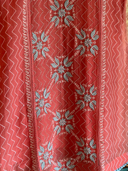 Peach & Blue Shade Malmal Pearl White Chikankari Ready to Wear Kurta Set
