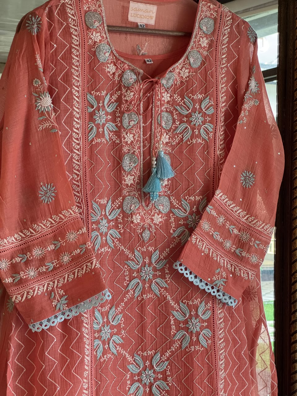 Peach & Blue Shade Malmal Pearl White Chikankari Ready to Wear Kurta Set