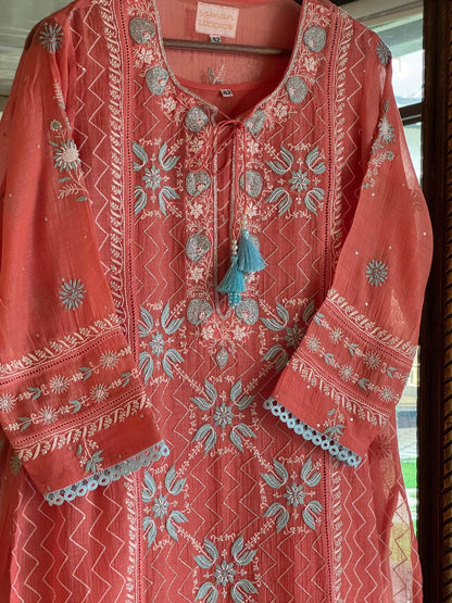 Peach & Blue Shade Malmal Pearl White Chikankari Ready to Wear Kurta Set