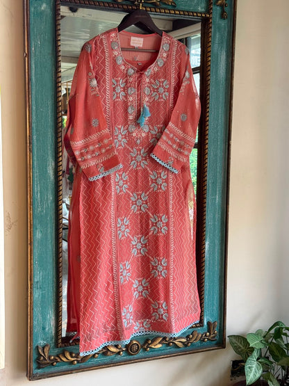 Peach & Blue Shade Malmal Pearl White Chikankari Ready to Wear Kurta Set