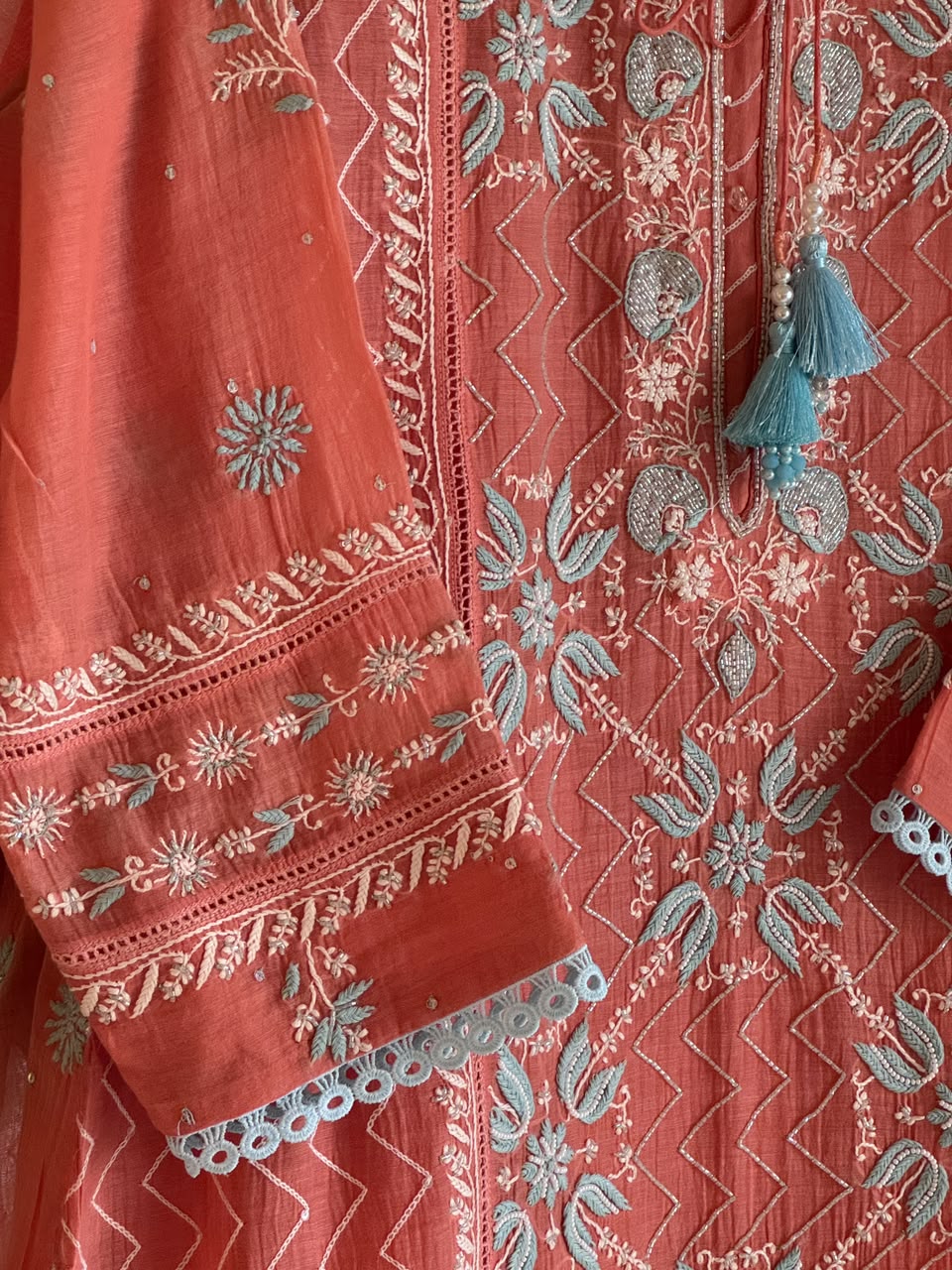 Peach & Blue Shade Malmal Pearl White Chikankari Ready to Wear Kurta Set