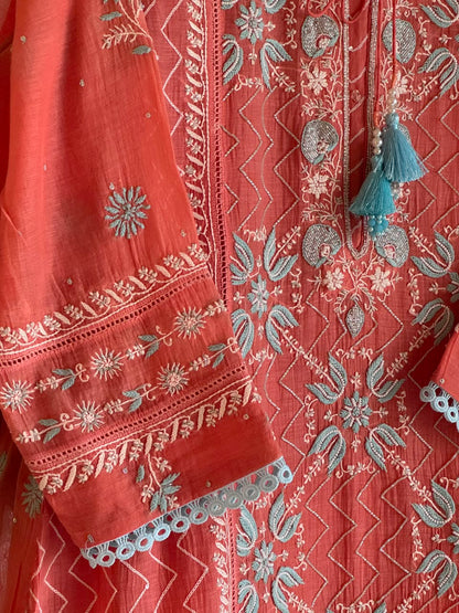 Peach & Blue Shade Malmal Pearl White Chikankari Ready to Wear Kurta Set