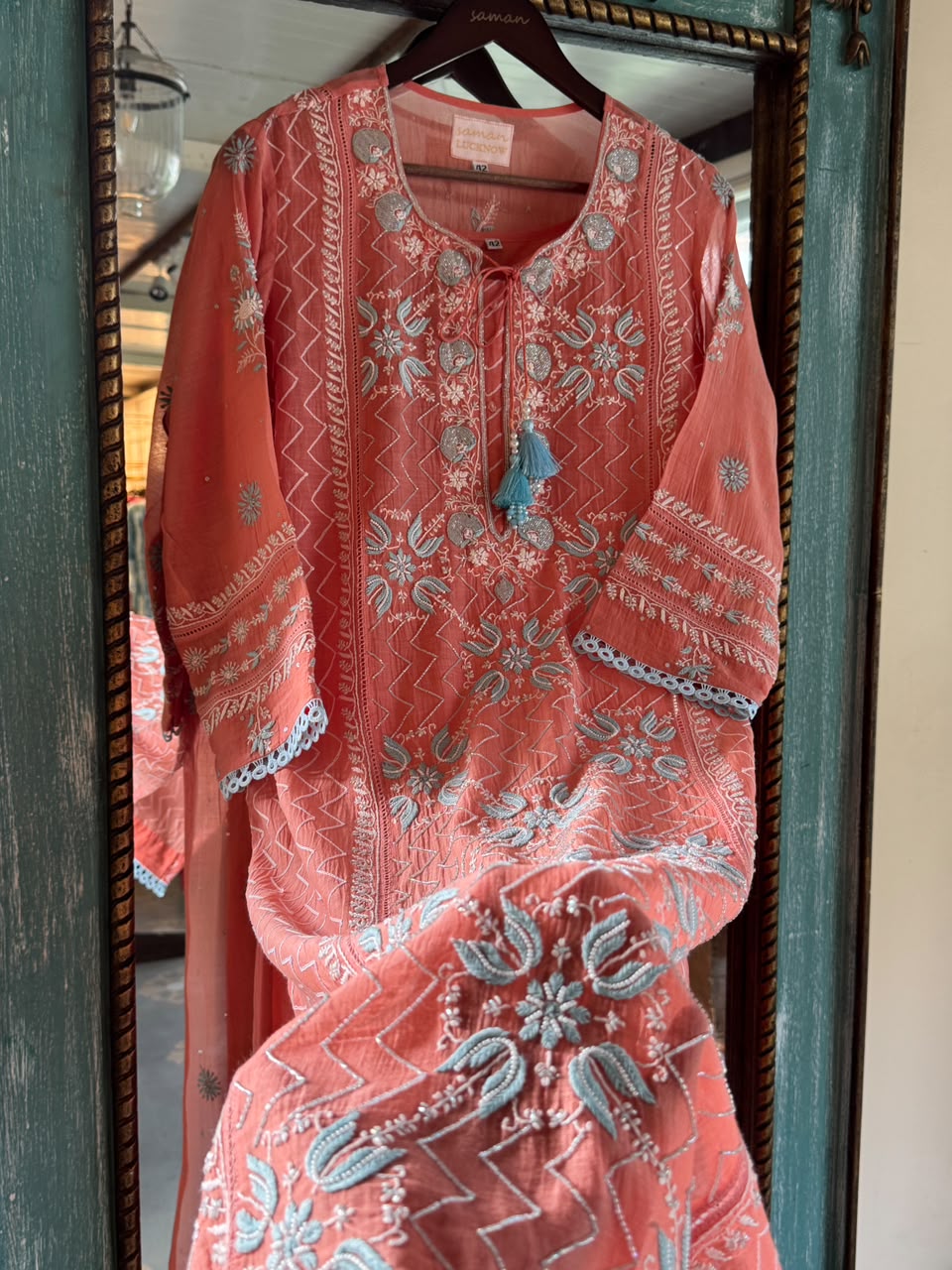 Peach & Blue Shade Malmal Pearl White Chikankari Ready to Wear Kurta Set