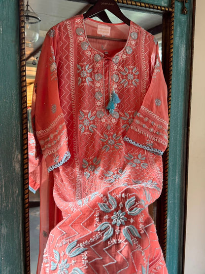 Peach & Blue Shade Malmal Pearl White Chikankari Ready to Wear Kurta Set
