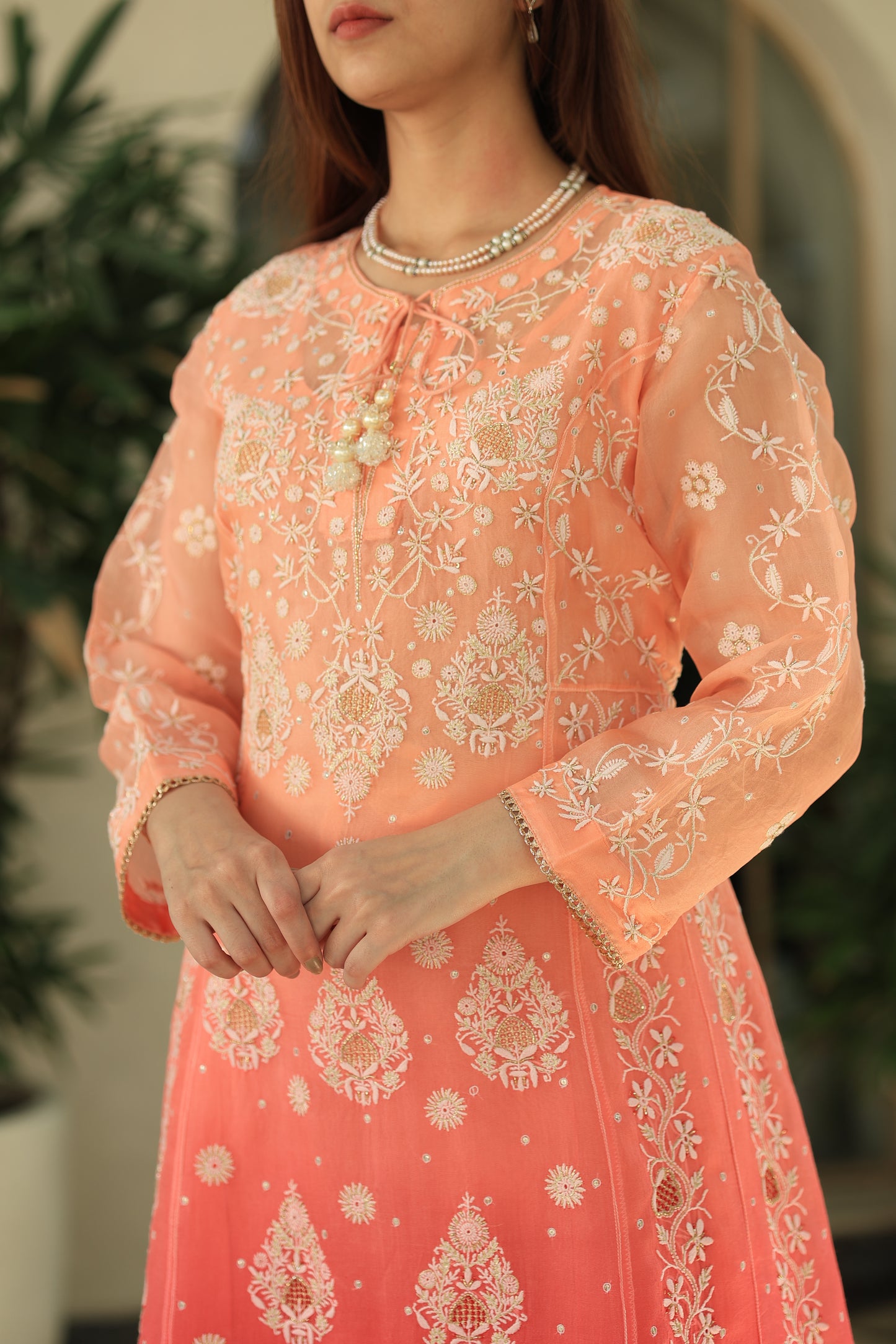 Peach & Carrot Pink Ombre Shade Noor Organza Chikankari A Line Kurta With Dupatta
