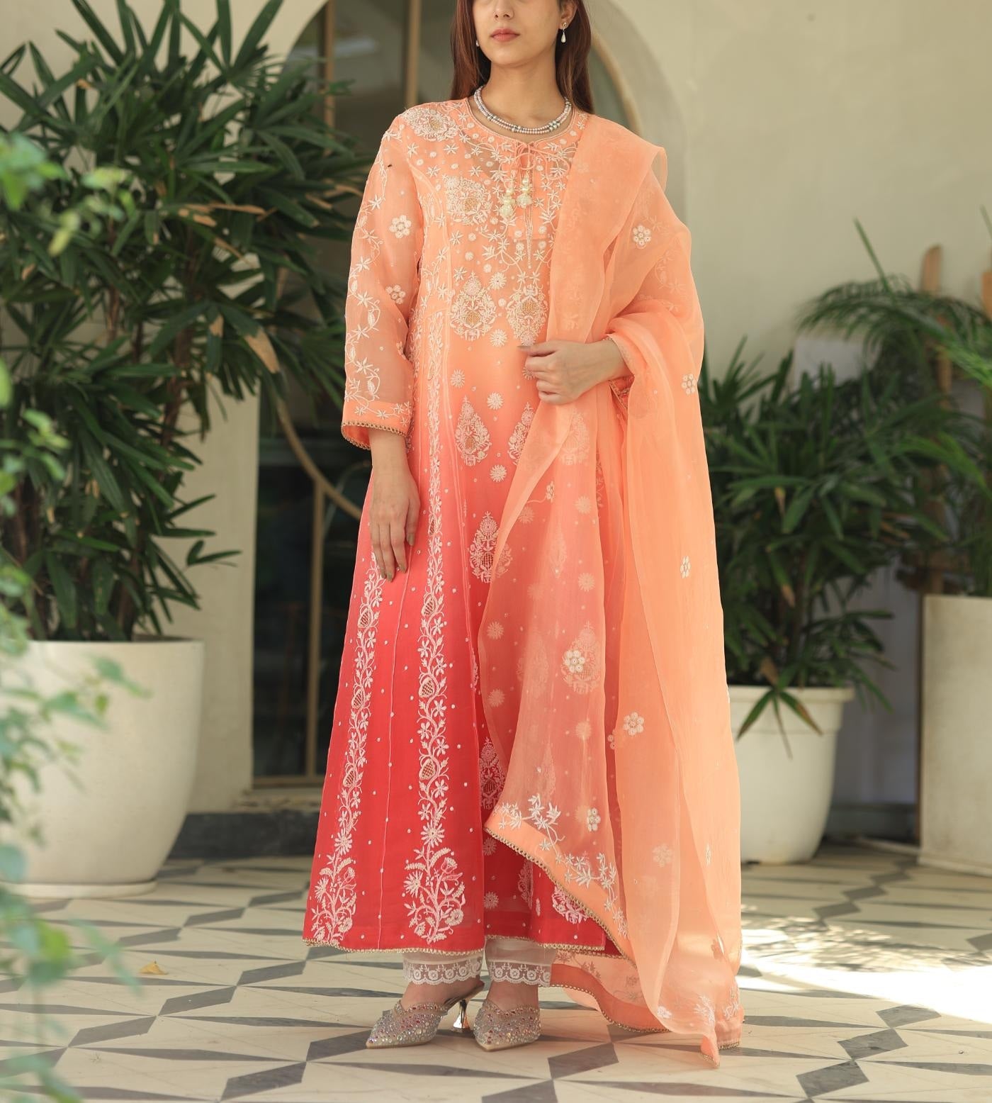 Peach & Carrot Pink Ombre Shade Noor Organza Chikankari A Line Kurta With Dupatta