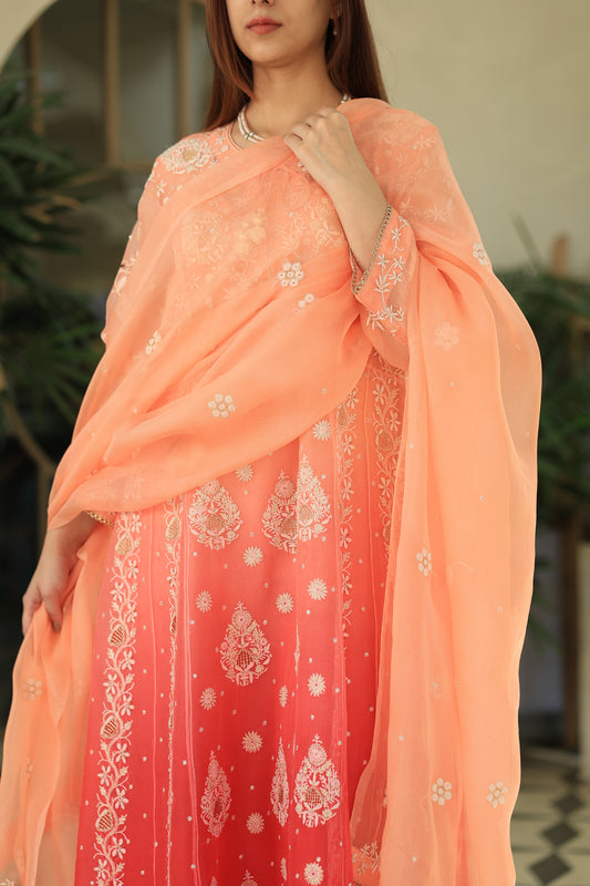 Peach & Carrot Pink Ombre Shade Noor Organza Chikankari A Line Kurta With Dupatta