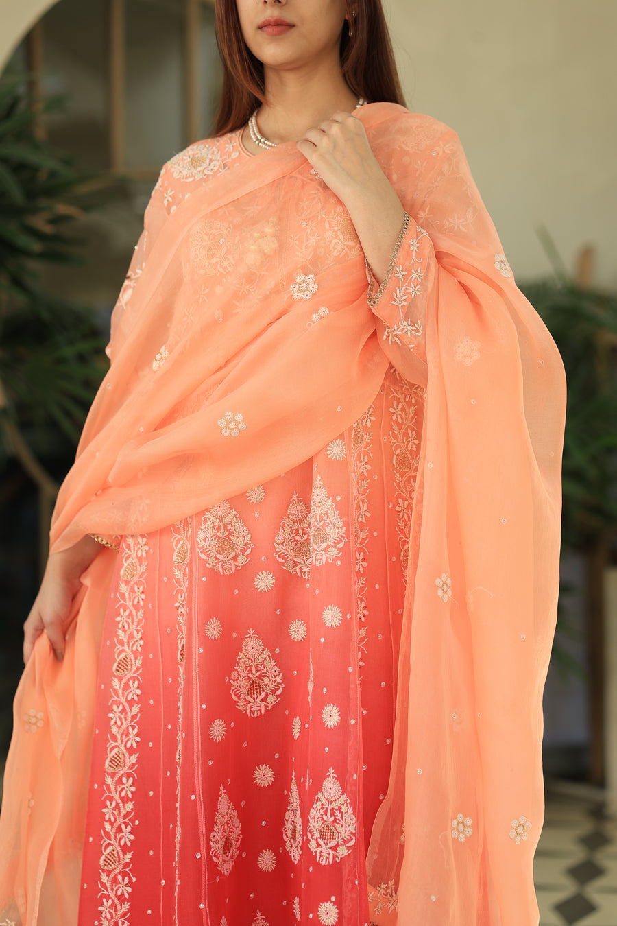 Peach & Carrot Pink Ombre Shade Noor Organza Chikankari Anarkali