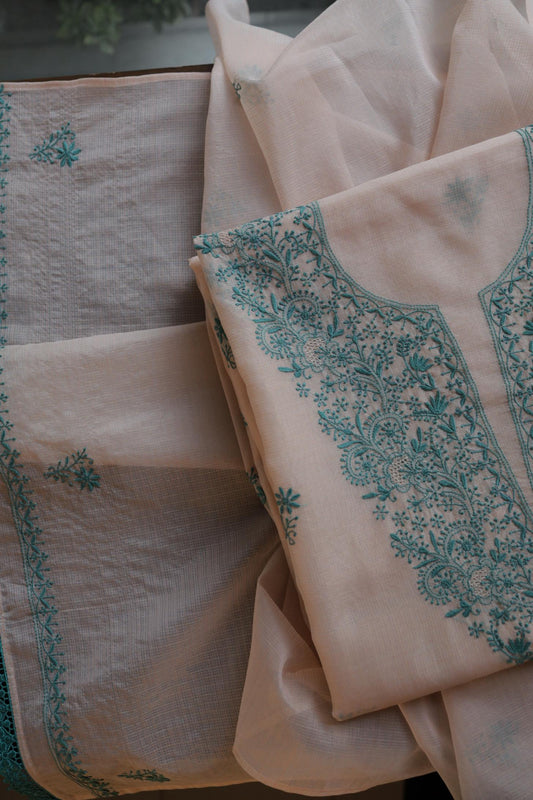 Peach & Green Kota Chikankari Unstitched Fabrics