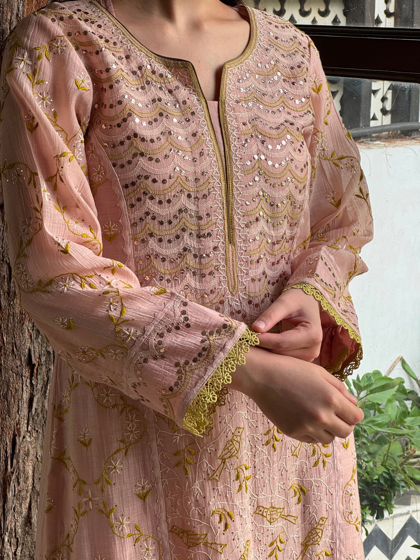 Peach & Green Mul Chanderi Mukaish Kamdani Chikankari Kurta Set
