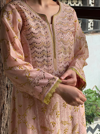 Peach & Green Mul Chanderi Mukaish Kamdani Chikankari Kurta Set