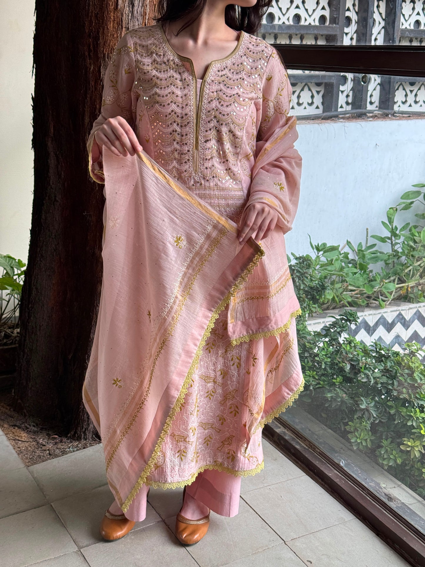 Peach & Green Mul Chanderi Mukaish Kamdani Chikankari Kurta Set