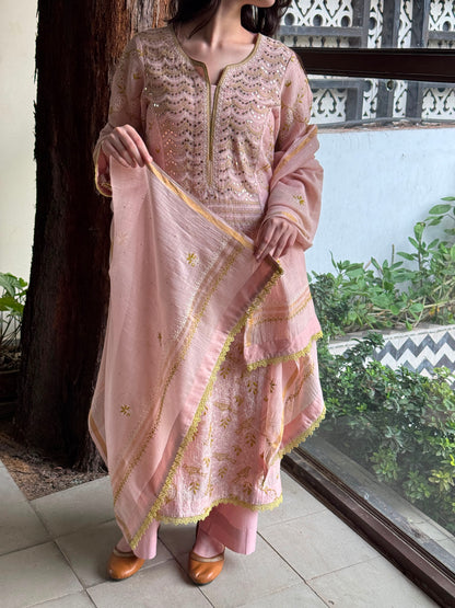 Peach & Green Mul Chanderi Mukaish Kamdani Chikankari Kurta Set