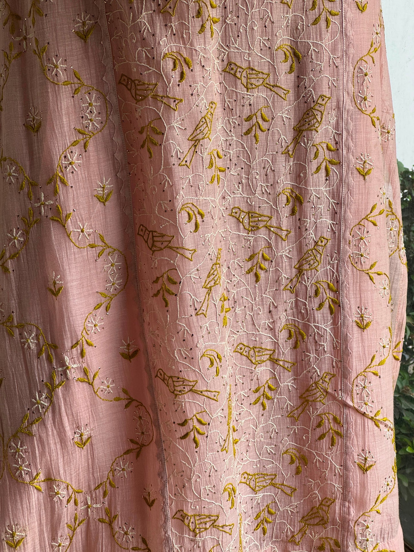 Peach & Green Mul Chanderi Mukaish Kamdani Chikankari Kurta Set