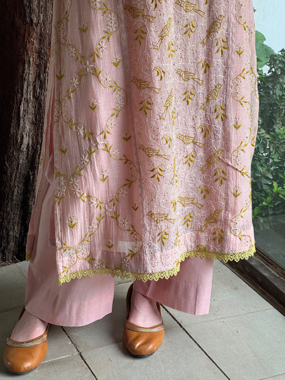Peach & Green Mul Chanderi Mukaish Kamdani Chikankari Kurta Set