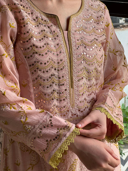 Peach & Green Mul Chanderi Mukaish Kamdani Chikankari Kurta Set