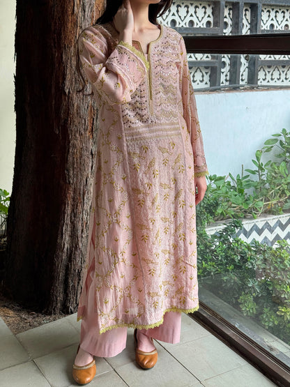 Peach & Green Mul Chanderi Mukaish Kamdani Chikankari Kurta Set