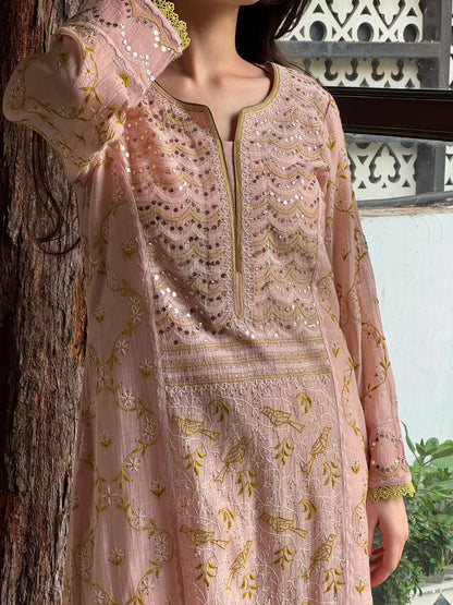 Peach & Green Mul Chanderi Mukaish Kamdani Chikankari Kurta Set