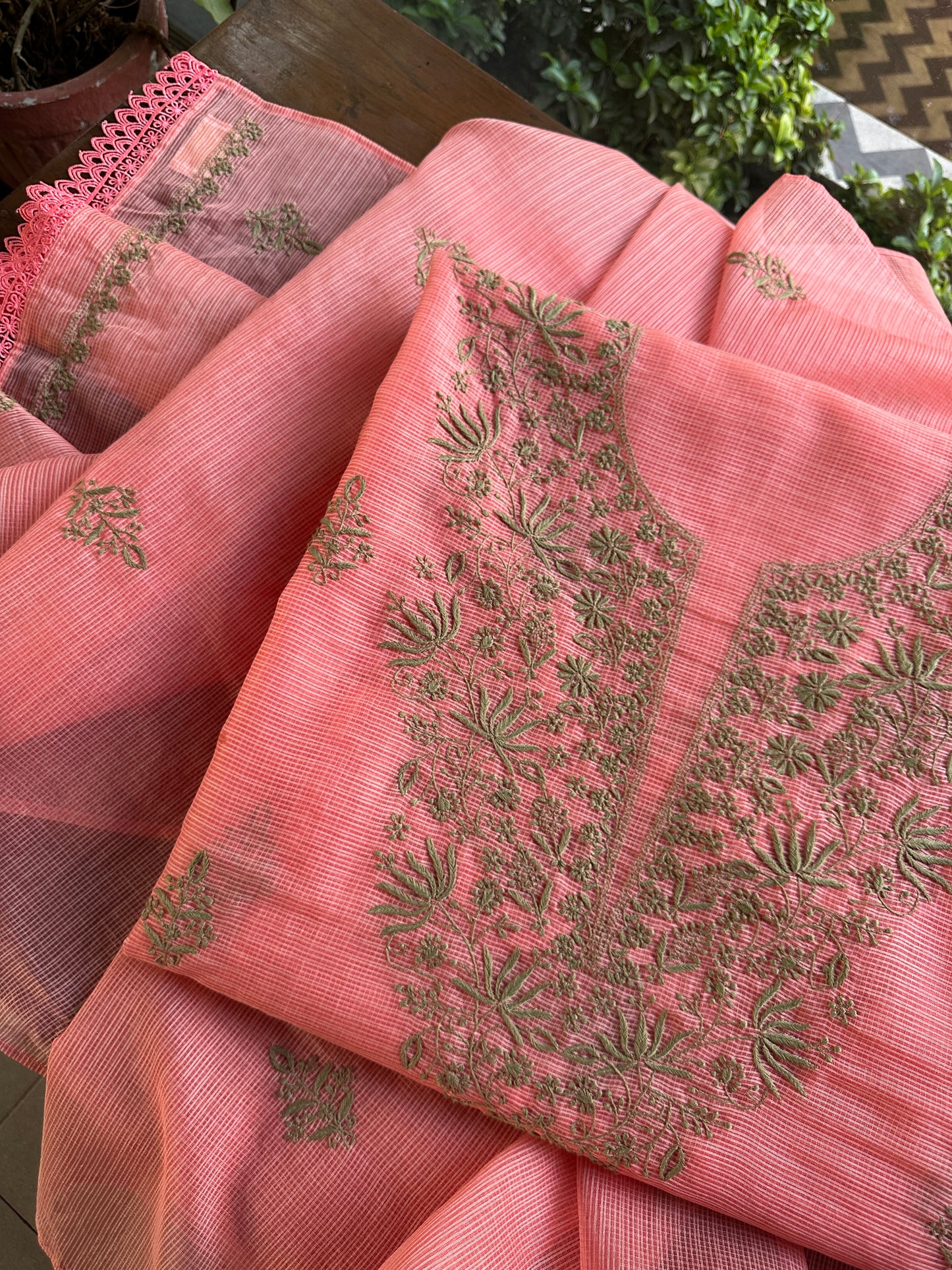 Peach Kota Chikankari Unstitched Fabrics