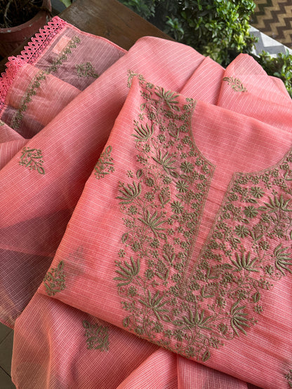 Peach Kota Chikankari Unstitched Fabrics