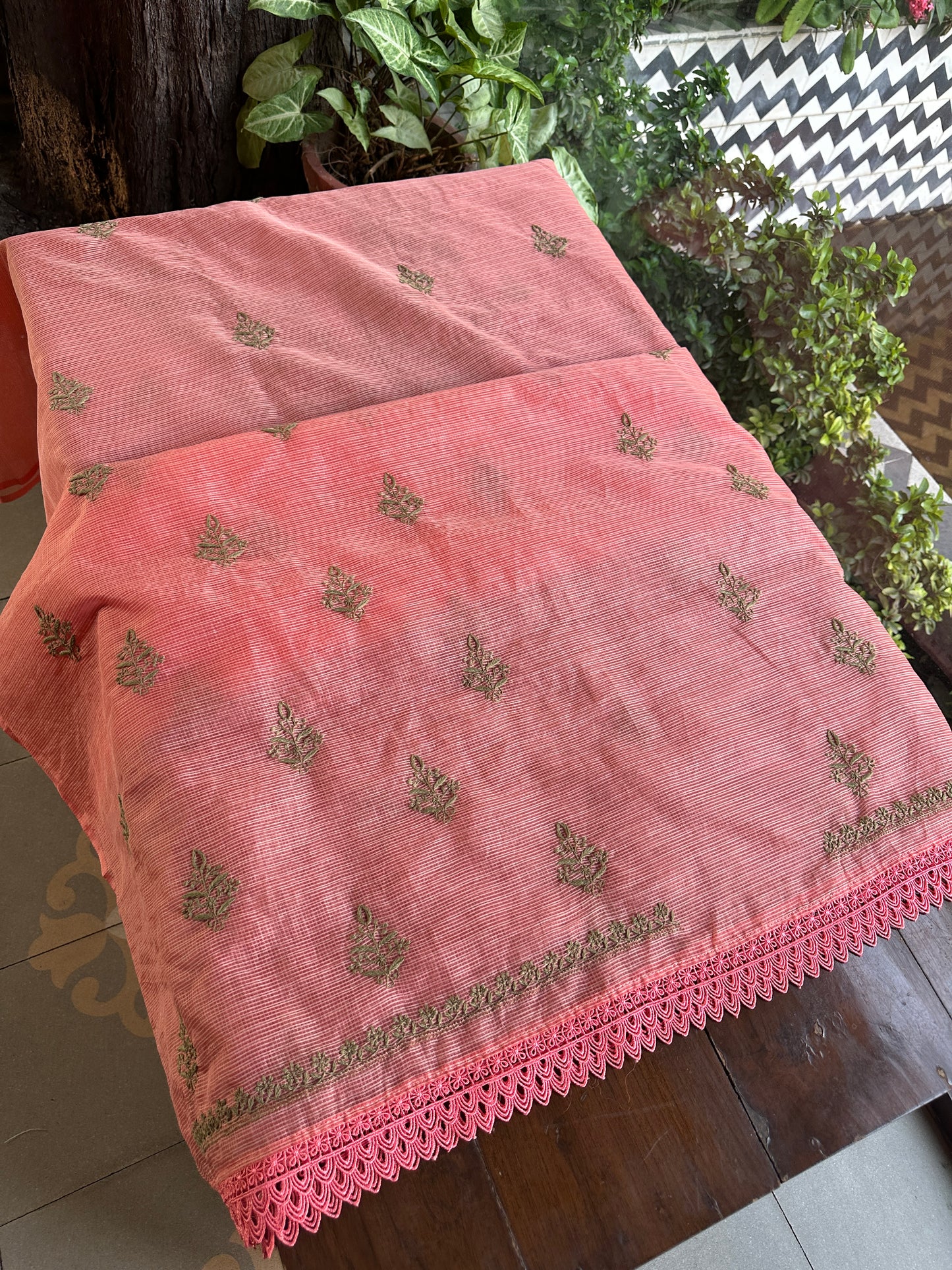 Peach Kota Chikankari Unstitched Fabrics