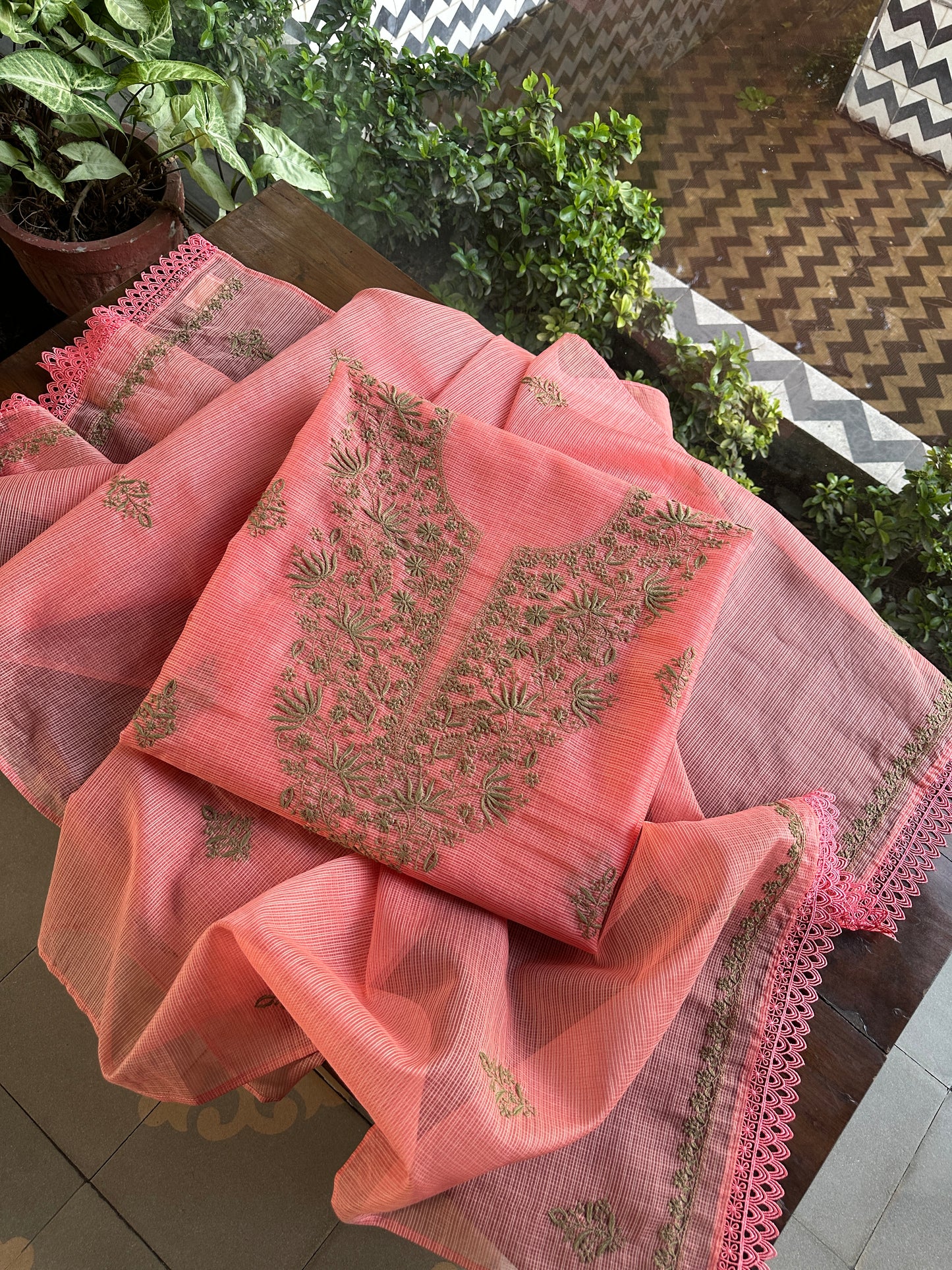 Peach Kota Chikankari Unstitched Fabrics