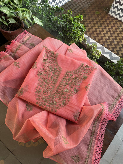 Peach Kota Chikankari Unstitched Fabrics