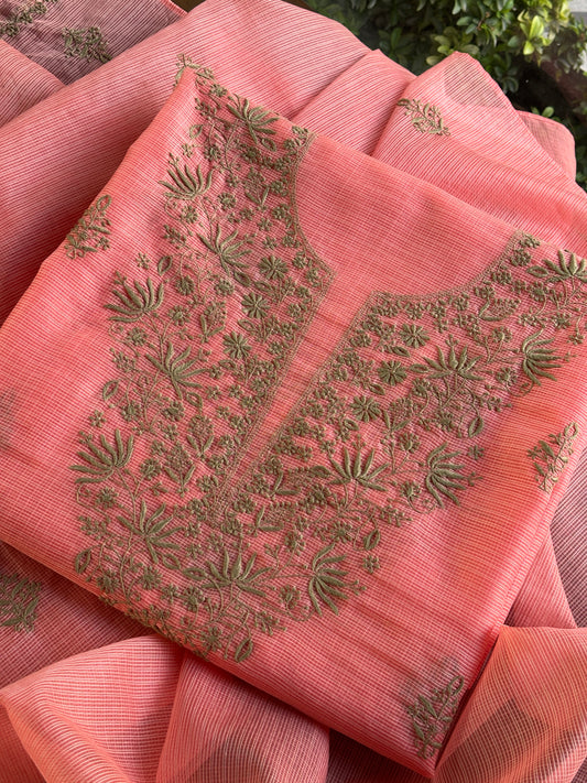 Peach & Green Peach Kota Chikankari Unstitched Fabrics