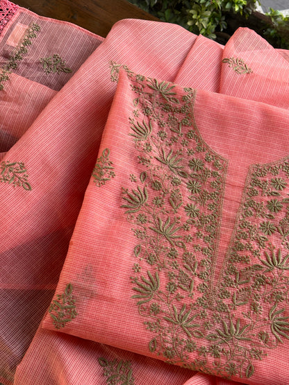Peach Kota Chikankari Unstitched Fabrics