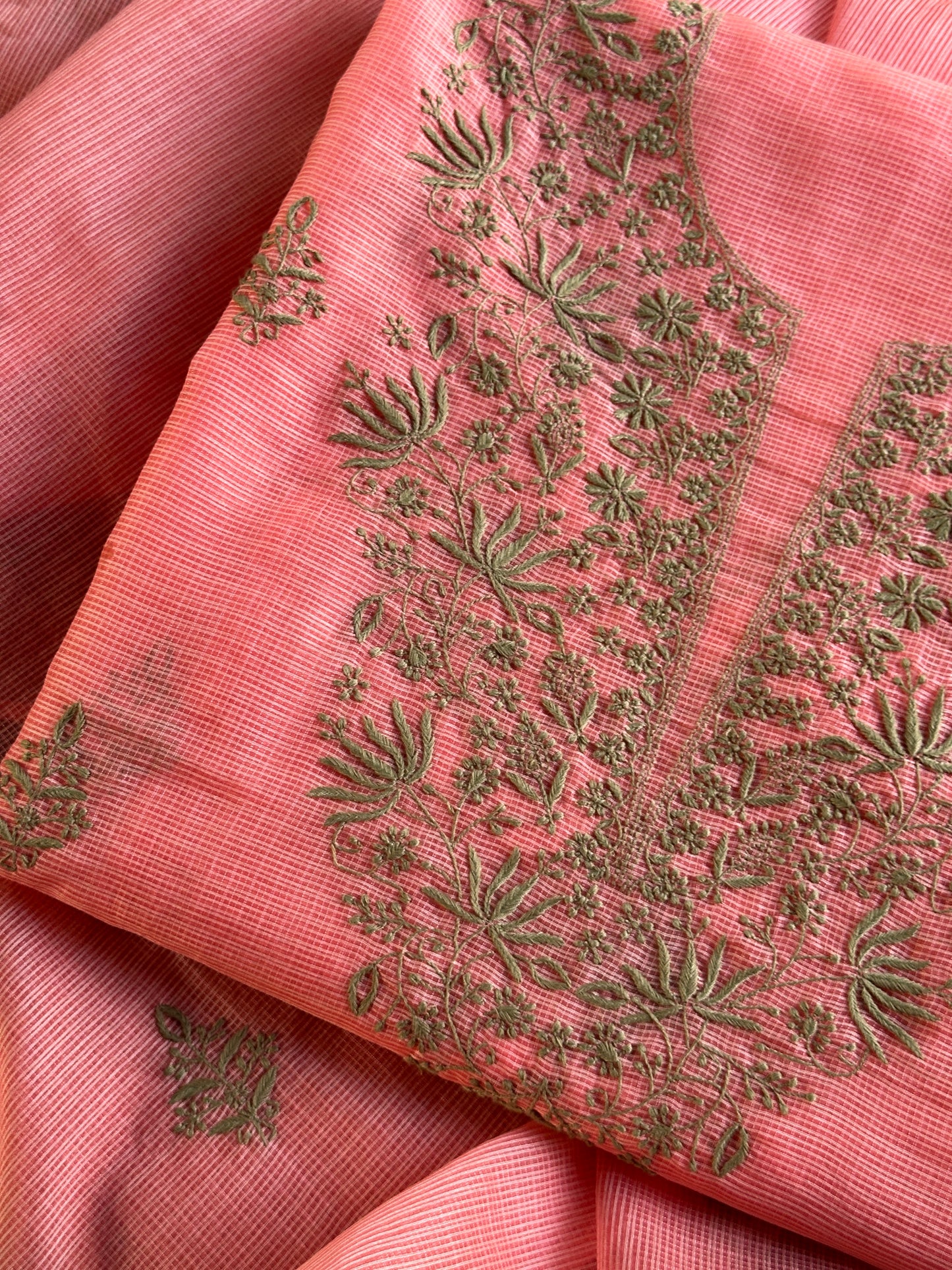 Peach Kota Chikankari Unstitched Fabrics
