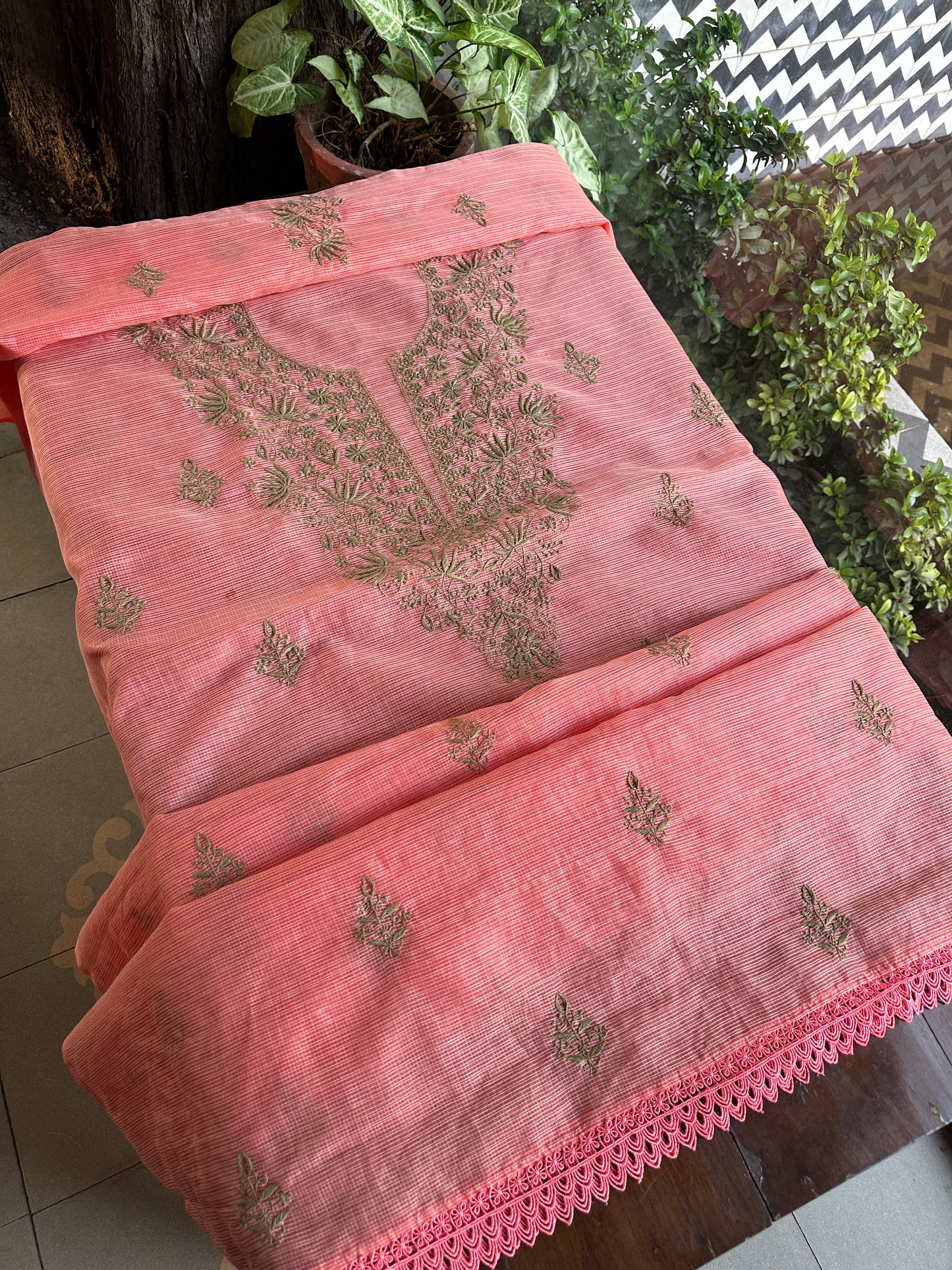 Peach Kota Chikankari Unstitched Fabrics