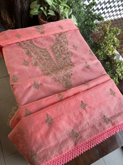 Peach Kota Chikankari Unstitched Fabrics