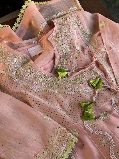 Peach & Green Shade Malmal Mukaish Kamdani Chikankari Kalidar Angarkha