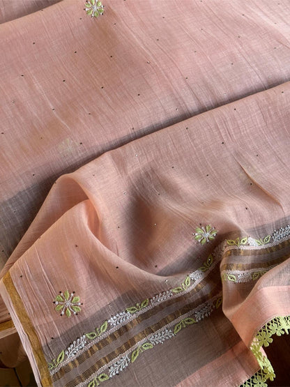 Peach & Green Shade Malmal Mukaish Kamdani Chikankari Kalidar Angarkha