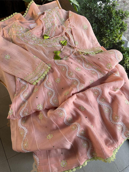 Peach & Green Shade Malmal Mukaish Kamdani Chikankari Kalidar Angarkha