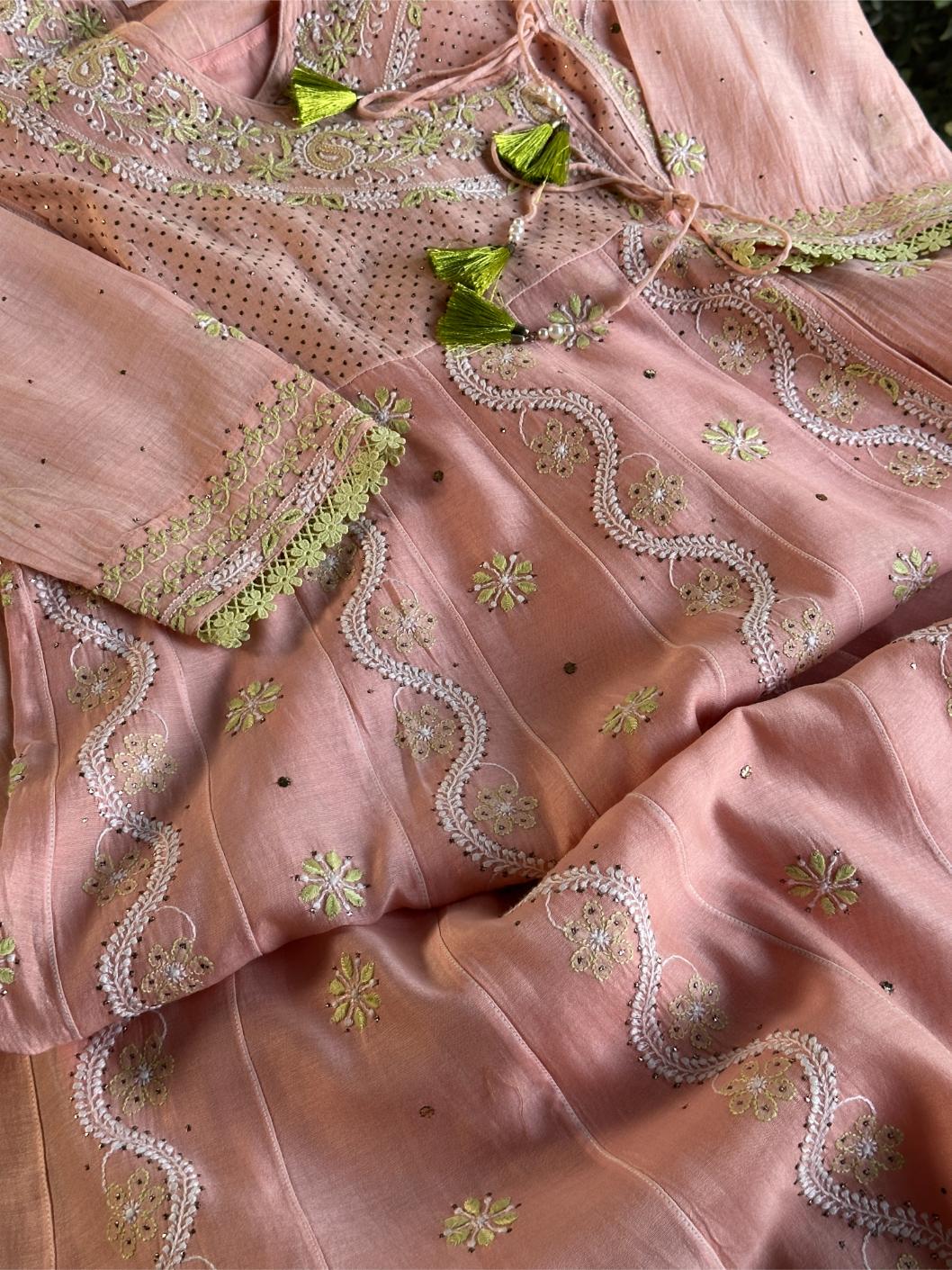 Peach & Green Shade Malmal Mukaish Kamdani Chikankari Kalidar Angarkha